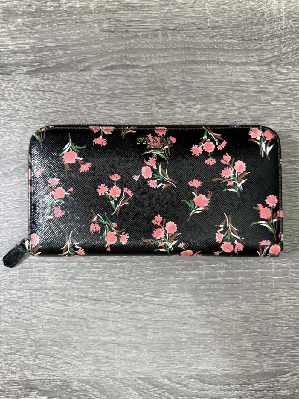 Prada Black Floral Zippy Wallet